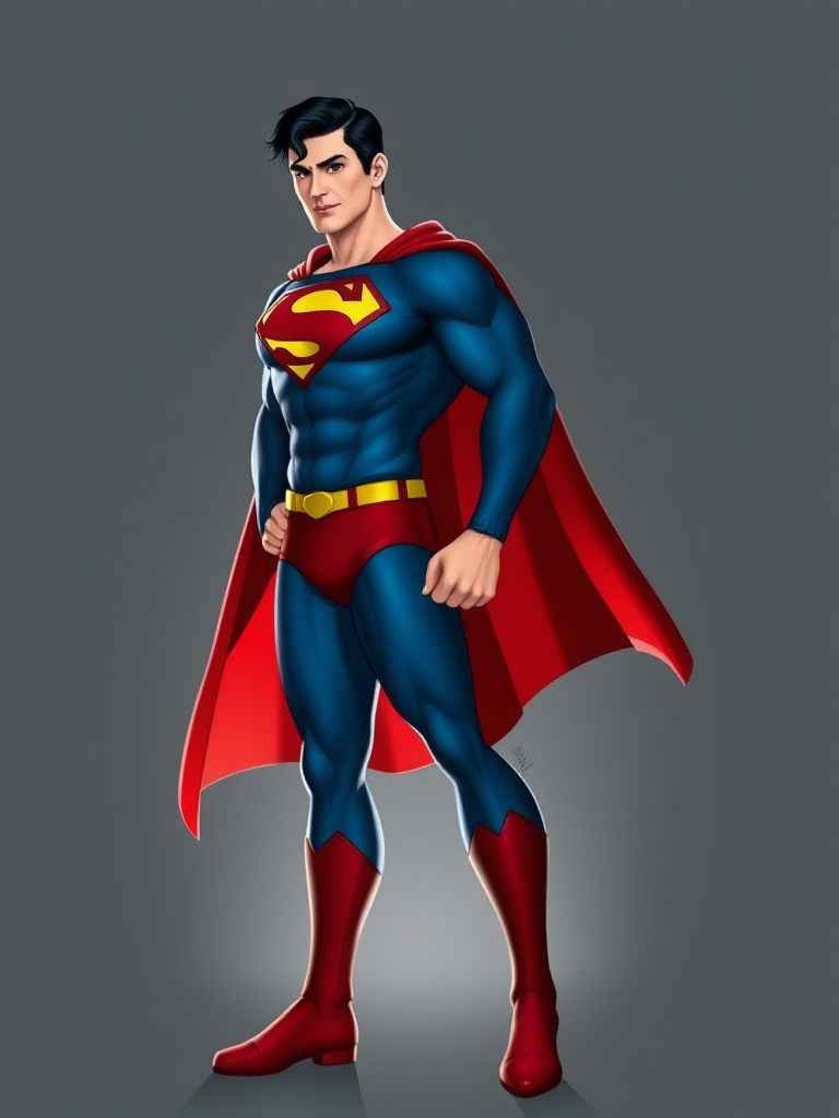 Generate a full-length image of Superman with the body type of Juliet Starling, keeping his head intact. Modify the silhouette to reflect the change. Pose him dynamically. Make the background an appropriate setting for both characters.