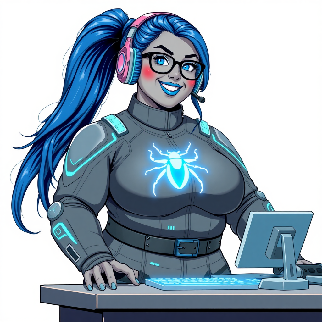 A nerdy, full-figured middle gray-skinned 29-year-old computer program hybrid with a long, maximum blue ponytail. She wears maximum blue lipstick and has bright blue eyes. Her outfit includes a digital, computerized, middle gray biker suit featuring a neon blue glowing beetle chest icon. She sports a sapphire headset and black eyeglasses, with a beaming smile and neon red blush. Her full figure reflects the doting care of her vigilante boyfriend. As his tech expert, she works diligently at her lab table in their hideout. The background is solid white. She has a prominent, gargantuan, round midsection, titanic limbs, and broad shoulders. Her middle gray metallic skin highlights her digital nature. She is drawn as if she was in a retro 2D cyberpunk fighting game.