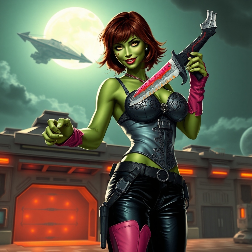 Tall, beautiful green skinned woman. Her brown hair is in a shag-cut style. Her eyes are gold. She is dressed in an ornate metal bra. She is wearing black leather pants, with pink knee high boots. She is holding a large, bloody dagger in a threatening manner. She is smiling. A sci-fi looking gun is holstered at her hip. She is at a sci-fi space-port. A spaceship is seen in the sky, a moon behind it.