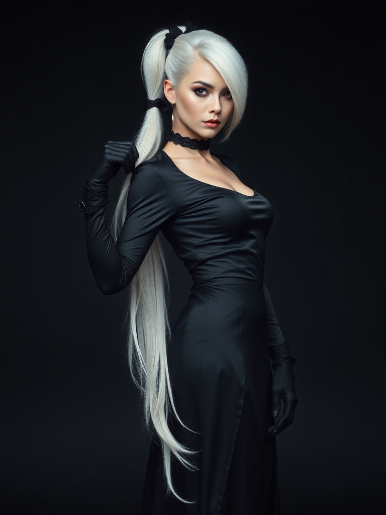 mature adult woman, skinny and tall, long legs, large shoulders, teardrop saggy small breast, long asymmetric undercut layered white hair, side swept bang, long white ponytail tied with a black lace, beautiful detailed face, piercing red eyes with intricate iris details, looking at the camera with a serious expression, wearing gothic style, black silk long sleeve top, black silk long skirt, black pantyhose, black gloves, black ankle boots, standing in a fierce pose with her head held high