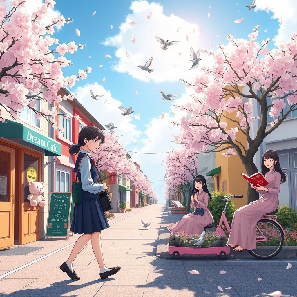 On a sunny afternoon, the picture shows a small town street full of Korean manga style. Against the backdrop of blue sky and white clouds, rows of colorful buildings stand along the street.  
Cherry blossom trees are planted on both sides of the street. Petals are falling with the wind and scattering all over the ground. A coffee shop is located in the corner. The sign in front of the door says "Dream Cafe", giving people a warm and romantic feeling.  
On the street, a girl in Japanese school uniform is walking past with her head down. Behind her is a fluffy teddy bear doll. Not far away, a boy with glasses is fiddling with an old-fashioned camera, recording this beautiful moment.  
On the other side of the street, a long-haired girl is sitting on a flower bed, holding a comic book in her hand and reading intently. Beside her, a little girl in a pink dress is feeding pigeons. The pigeons are flying around her cheerfully.  
In the distance, a pink bicycle is slowly passing by. There are two young people in Hanbok sitting on the bike. They are chatting while riding, with happy smiles on their faces.  
Every detail in the picture is full of warmth and romance, making people feel as if they are in a dreamy world. The sunlight shines through the leaves and scatters on the ground, forming mottled light and shadow, creating a peaceful and comfortable atmosphere.  
In this scene of Korean manga style, people's pace of life seems to slow down. Everyone's face is filled with happy and satisfied smiles. This is a small town full of dreams, warmth and harmony, which makes people yearn for it.