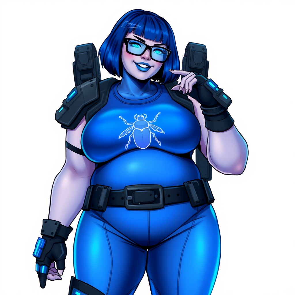 A 28-year-old, full-figured, metallic maximum blue (5PB 5/10) skinned computer program hybrid with a maximum blue bob cut. She has a non-athletic build, highlighted by a prominent, round, large midsection (with a full emphasis on her large belly), which shows the effects of her love of junk food acquired from her boyfriend. As the full-figured, nerdy, digital sidekick to her cyberpunk vigilante boyfriend, her metallic maximum blue skin and maximum blue lipstick (5PB 5/12) emphasize her digital nature. Her skin has a subtle, animated glow, with digital patterns occasionally flickering across it, making her digital nature obvious. She wears a digital, computerized costume, consisting of a huge, tight-fitting, maximum blue tank top (5PB 5/10) with a neon blue glowing chest icon of a beetle, hi-tech shoulder pads with neon blue accents, a black hi-tech belt with a digital neon blue glowing buckle, digital maximum blue pants (5PB 5/12) with neon blue accents, and black hi-tech fingerless biker gloves with neon blue glowing accents. Her neon blue glowing eyes, black eyeglasses with neon blue glowing lenses equipped with a built-in HUD, and bashful smile with neon red blush accentuate her nerdiness. She stands bashfully with one hand behind her back and the other hand gently touching her cheek, her costume covering all her skin and fully emphasizing her full-figured physique (especially her belly). She is clearly non-athletic, with a focus on her full-figured physique. Despite her build, she radiates beauty. She has a slim face compared to her physique, accentuating her radiant beauty. She is on a solid white background. She is drawn as if she were in a retro 2D cyberpunk fighting game. Ensure her skin has a maximum blue (5PB 5/10) skin tone.