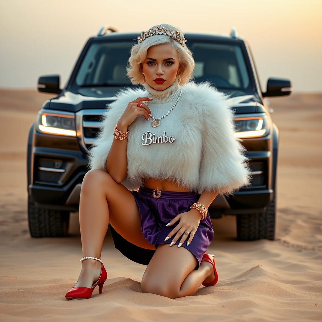 Kuwait desert dunes misty dawn, full size luxury SUV: Melissa, European 17 years old very convincing femboy “trophy-bimbo”, tamed servile docile, very beautiful feminine flawless face, rather short, by hormones very curvaceous womanly figured, platinum blond short tight curls, bold red lips, long white French nails, heavily made-up face, wearing Supertanya-style fluffy very fuzzy bright white angora turtleneck-poncho cropped ending under bust decorated with pearls and glass stones, very tight purple vinyl mini pleated skirt, bright red pumps with golden very high heels, white pearl belly piercing, full Oriental bridal jewelry including headpiece, nose-ring, coin wristlets, coin anklets, striking diamond “Bimbo” letter brooch on left chest, thick heavy pearl wristlets, pearl anklets, pout frustrated, kneeling in sand in front of SUV, looking at camera. Focus on face and turtleneck-poncho.