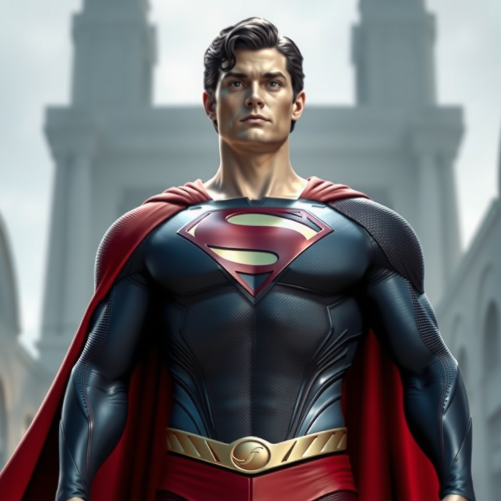 Generate a full-length photorealistic render of Superman possessing Marie Rose's female figure, maintaining his original head. Adapt his costume to fit the new form. Merge background elements inspired by both characters' worlds.