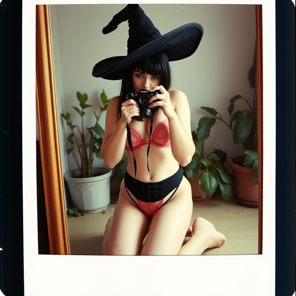 An old polaroid photo with a color tint to the photograph and visible light leaks. The photo depicts a reflection of a sexy alt goth girl with pale skin and black hair taking a self portrait with an old film camera. She has a plump booty. Her mascara is running. She has large breasts with ample cleavage and she is wearing a skimpy gstring that leaves a gap between her pubic area and thigh. The fabric of her gstring is skimpy and pink and white and barely covers her and her bra is translucent and pink and white. She is in a photography studio with artistic lighting and plants are all around behind her. She is kneeling with her knees spread apart above a large mirror. Her underwear is damp. She is wearing a witch hat. She is also wearing a black underbust corset.