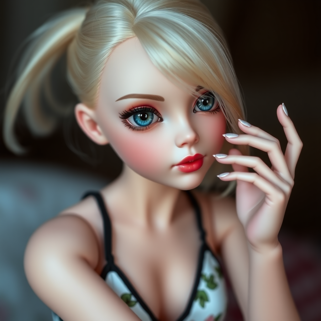 ooak art doll falling in love, flirting, artist doll, realistic doll, life-like porcelain doll, cool preteen girl, unique personality, stunning eyes, bisque doll, bjd, swimsuit, dynamic pose