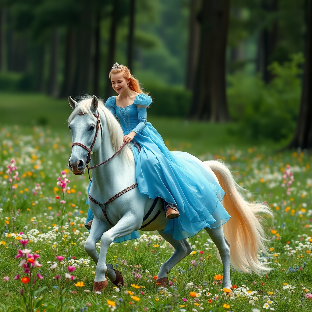 A photo realistic princess in a blue dress riding a unicorn with reins through a field of flowers in a forest clearing