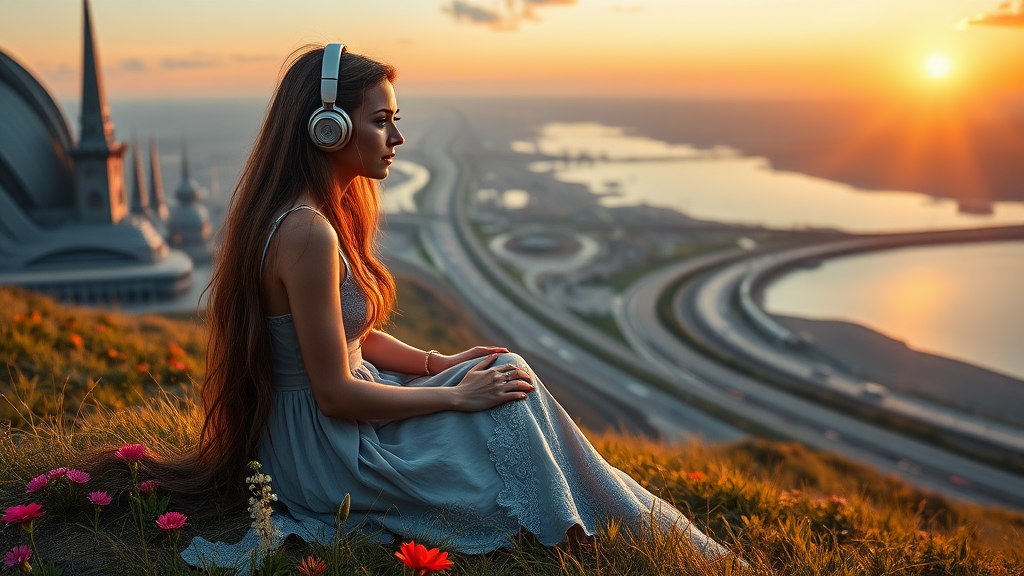 pretty azian woman long hair, pretty dress, sit on the grass with flowers, with headphone, alien planet, aliens buildings, with nice greenery flowers and rivers, beach, nice sunset, highways and streets, ultra realistic view high detail