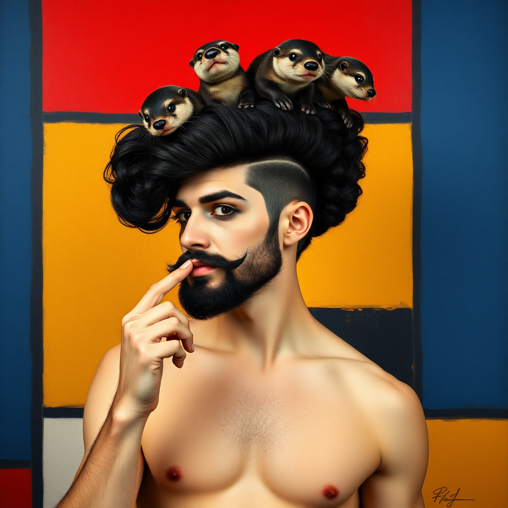 The background is a painting by Mondrian with red, blue, yellow, and white. A 4K hyper-realistic photograph in the style of Mondrian, blending surrealism with kitsch. The subject is a man with an extravagant, curly black haircut, styled in a flamboyant bun, paired with a sexy, masculine look. He sports a neatly groomed, three-day beard — short, evenly distributed, with a light shadow effect across the chin, jawline, and cheeks. His makeup is dramatic, like a drag queen, adding to the boldness of his appearance. He has a muscular, athletic build. He is naked with sexy nipple covers, standing confidently. His pose is that of a pin-up woman with a finger in his mouth. Above him, smaller otters rest playfully on his head.