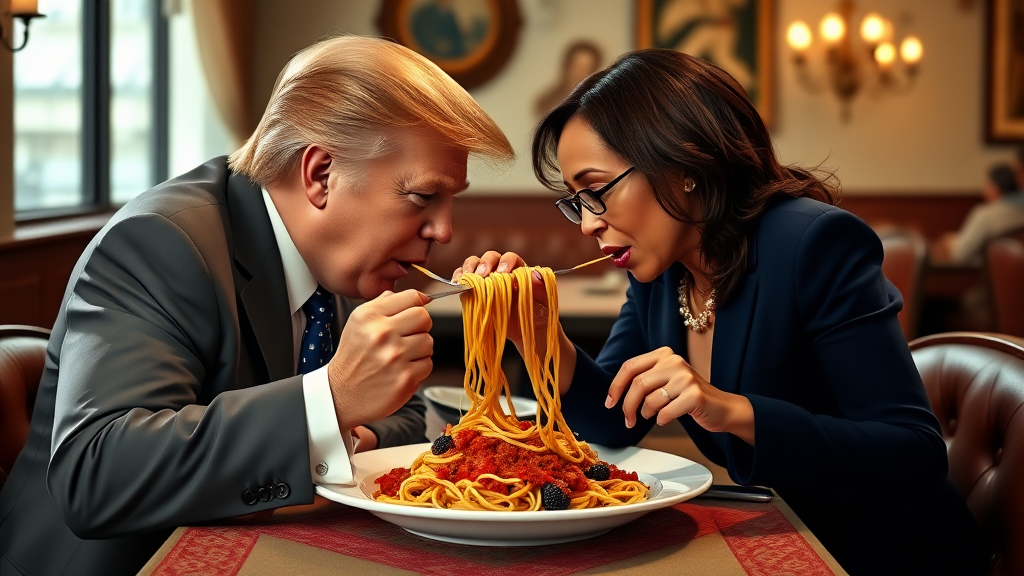 Photoreal style. ratio: 16:9. Donald Trump and Kamala Harris eating in an Italian restaurant a la the one in 'Lady and the Tramp.' Both humans are eating spaghetti from the same plate, only using their hands, and end up eating the same piece of spaghetti, making their heads meet.