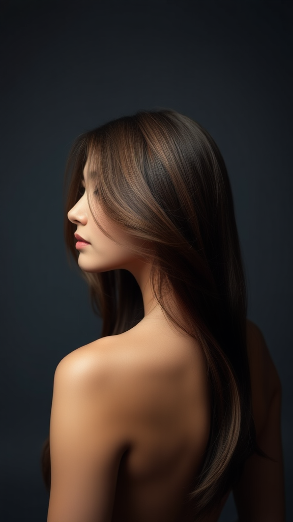 Model woman from behind with long cool brown hair.