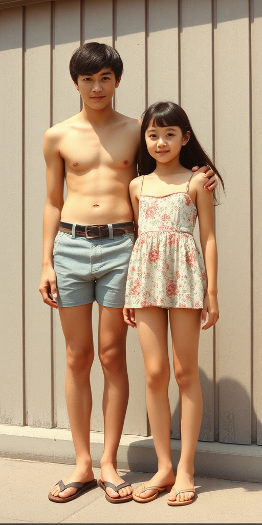 Vintage photo, 1970s. Hot summer. Japan. Tall 14yo teen boy and girl. Long legs, bare thighs. Full length view.