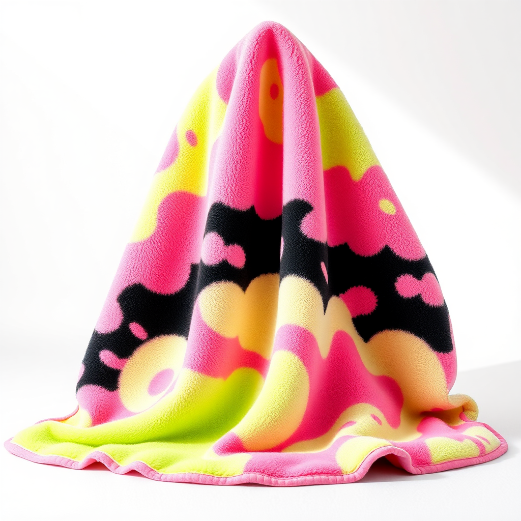 A crazy pastel toned fleece towel in neon lime green, pink, and black, with cloudy patterns, white backdrop with sunlight, front view, beautiful, photography, Taken with a Canon E05 R camera with 50 mm f/ 1.8 lens and f/ 2.2 aperture. 8k resolution, photography, photorealistic, photogenic, hyperrealistic, hyper-photo-realistic.