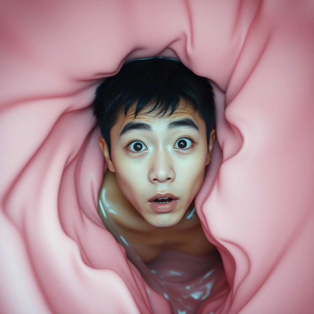 View from above. Young Korean man stuck in a tight space. Only his head and torso are visible. The walls of the space are undulating, pink, wet, and engulfing his body. He has a surprised expression.