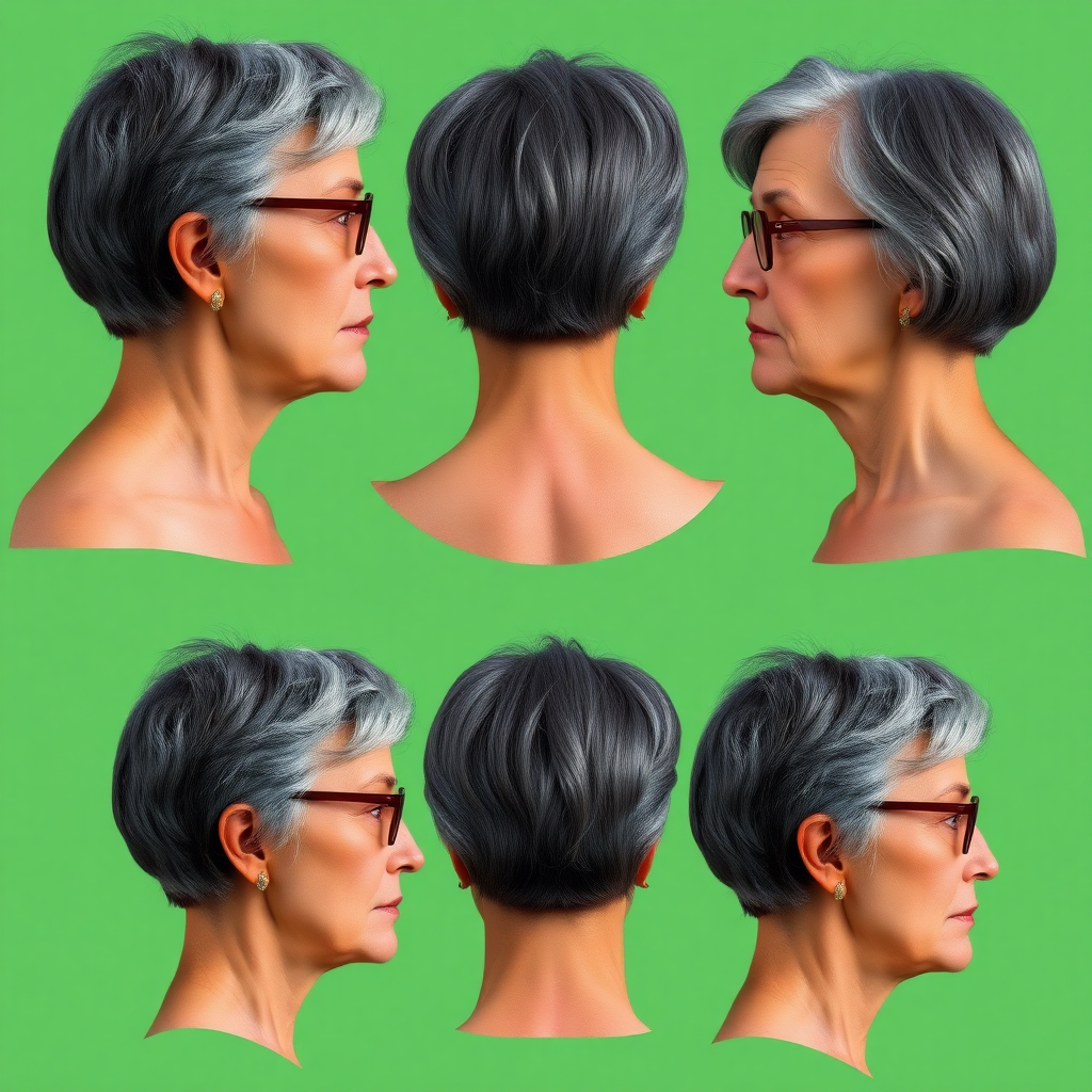 Photorealistic image of six headshots of a 50 Years old, European, Latina, sharp aquiline nose, wrinkles, high cheekbones, Middle Eastern, Skinny, Tanned skin, Dark light skin, full Makeup, jewelry, Sharp nose, frowning, astonished, shocked, dark grey Ash hair, short bowl haircut, Brown eye color, Glasses, with detailed features. Each photo displays the same face in back, profile and front view, cut out and isolated on a green background. All six heads are visible side by side, empty space around each view, no overlapping.