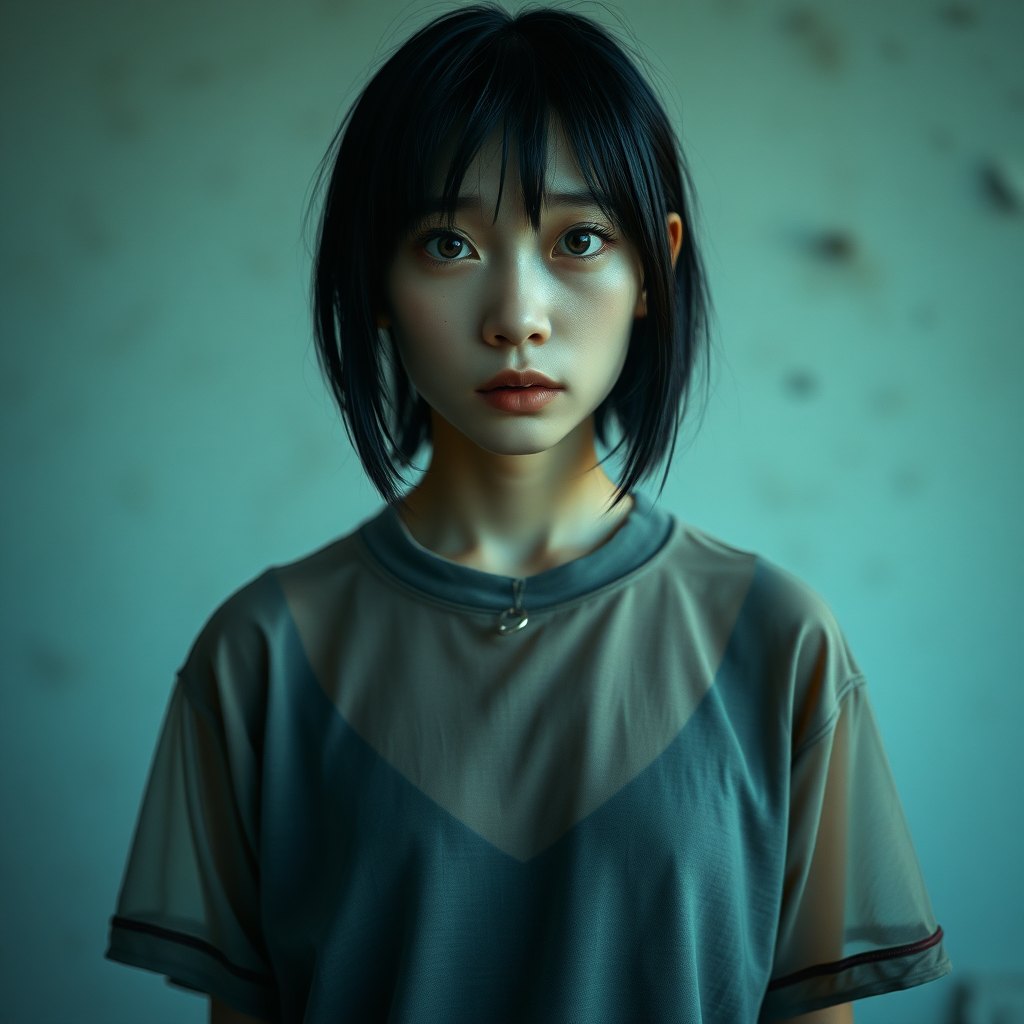 A homeless and sad and mysterious and surreal Asian girl in a very old, transparent T-shirt, with black hair and steel blue eyes is looking without hope in her eyes and a little bit crying.