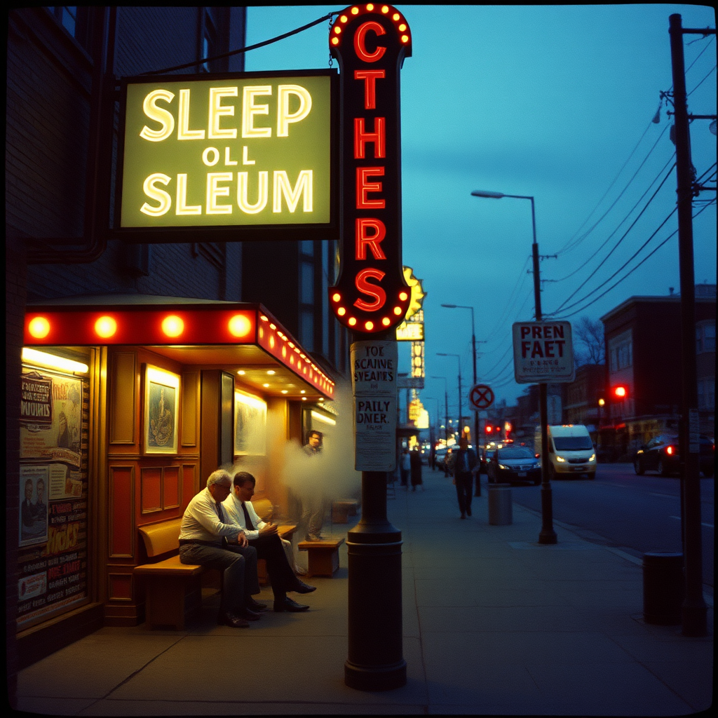 highly detailed Kodachrome color real photograph from 1974 of Sleeping cheaply on the midnight show  
It's the same old ending, time to go  
Get out  
It seems they cannot leave their dream  
There's something moving in the sidewalk steam