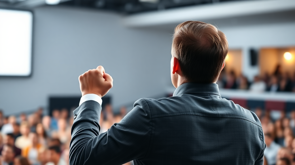 an image expressing leadership or influence, a man enthusiastically addressing an audience, his back to the camera, the side of his face shown, his hand in fist position, the audience blurred in front of him, cheering for him, a big crowd, stock photo, white lighting