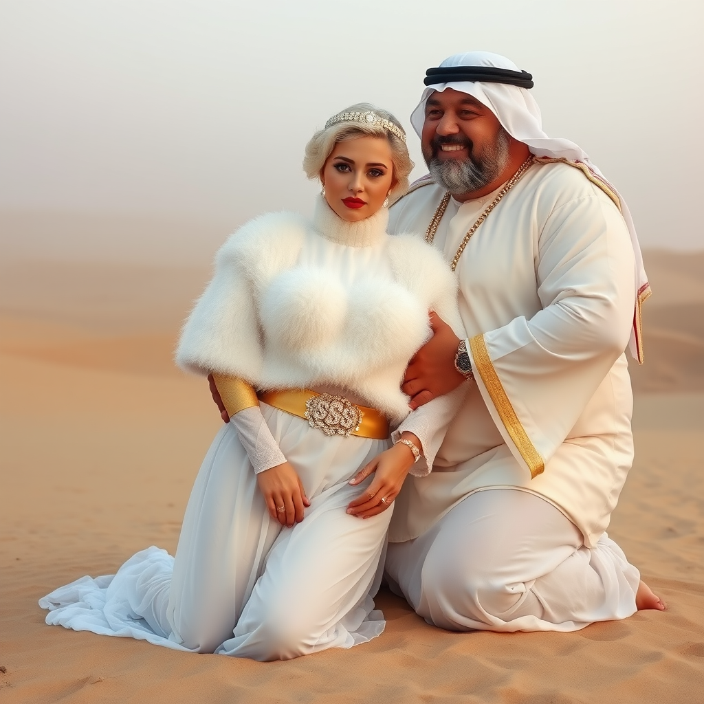 Kuwait desert dunes misty dawn: Melissa, European 17 years old very convincing femboy “trophy-bimbo”, tamed servile docile, very beautiful feminine flawless face, rather short boyish figure, platinum blond short tight curls, bold red lips, heavily made-up face, wearing Supertanya-style fluffy very fuzzy bright white angora turtleneck-poncho cropped ending under bust decorated with pearls and gemstones, striking oriental wide gold bridal protection belt, white fully transparent harem pants, full Oriental bridal jewelry with striking headpiece, full Oriental face-jewelry, striking diamond “$$$” letter brooch on left chest, pout frustrated, hands tied behind back, kneeling in sand with older overweight mighty sheik laughing, devotedly embracing Melissa.