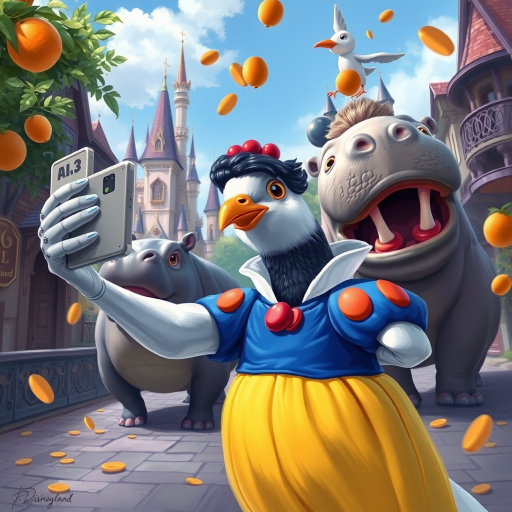 digital painting of a pigeon in snow white clothes taking a selfie in disneyland, hippo with johny bravo's hair nearby, oranges falling from the sky