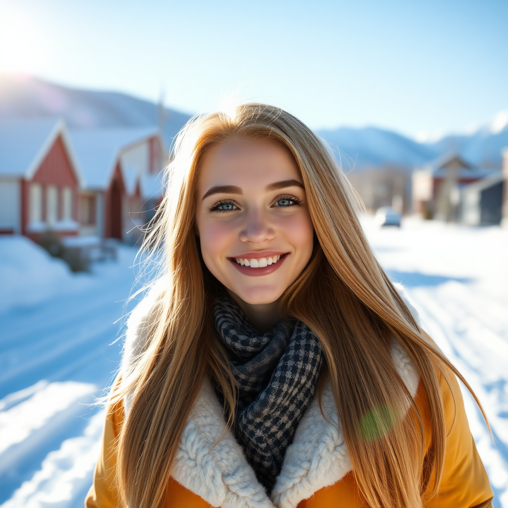 beautiful happy young woman with ginger cherry blonde long hair, full lips, perfect eyebrows, pale skin, on Alaska during winter in Anchorage on sunny snow day