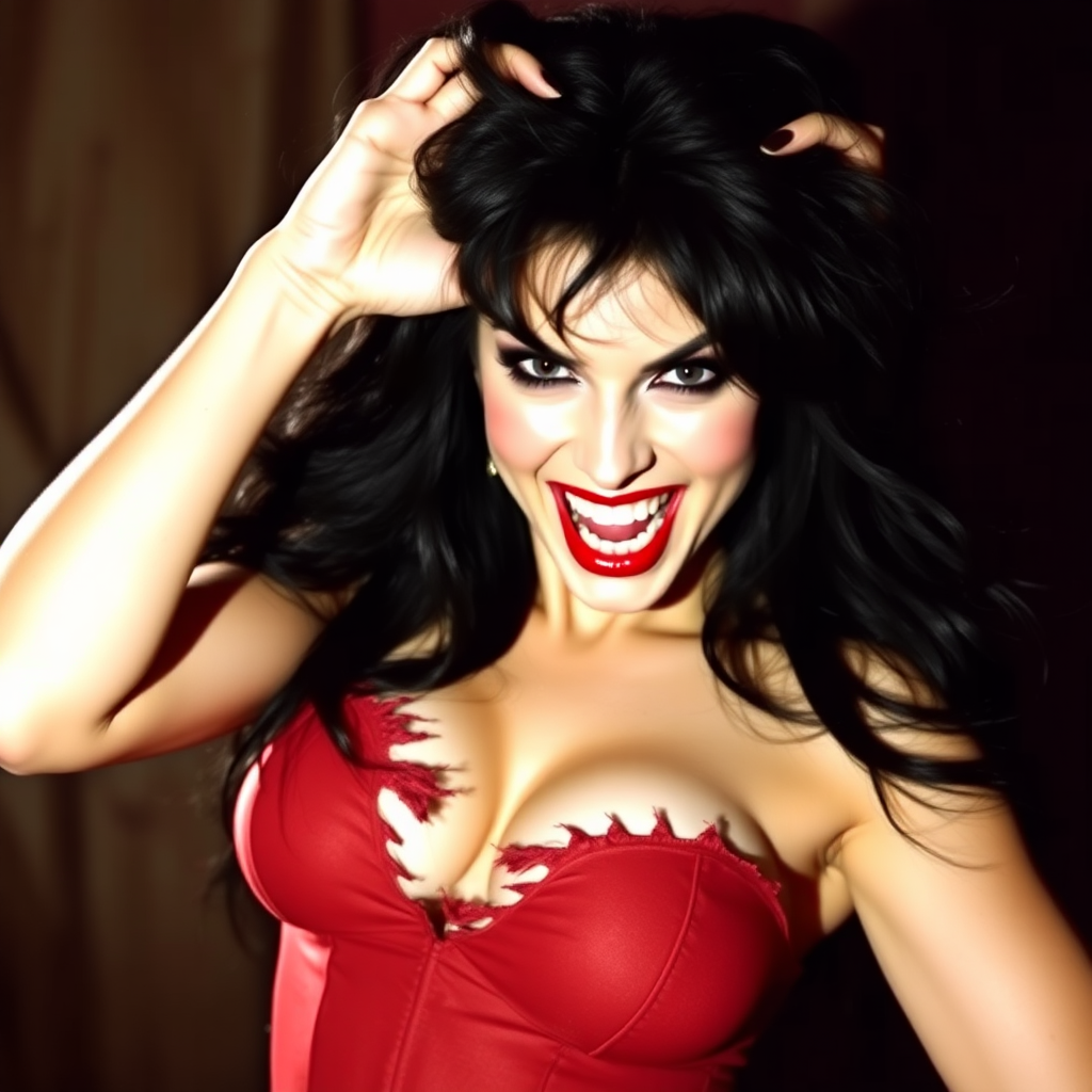 Vampirella smiling wickedly with her arms up and her hands plunging into her thick hair. Her thin fabric bodice is torn and her hair is messy. In high definition digital photograph.