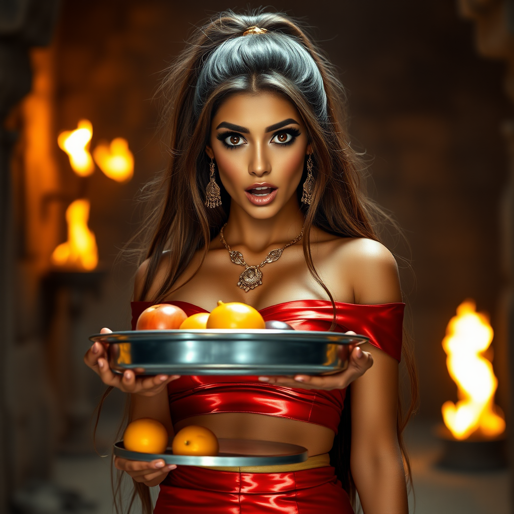 realistic photo of a surprised Arabian model with mouth open looking at the camera. She has very large eyes, black eyeshadow, black eyeliner, fake eyelashes, very tanned skin, very long hair. very high ponytail, she look likes princess jasmine, shinny red off shoulder crop top. photo realistic. She holds a metal tray with fruits just above her waist. crop top, shinny red skirt. full body view. shinny red pencil skirt. dungeon with fire torches in the background.