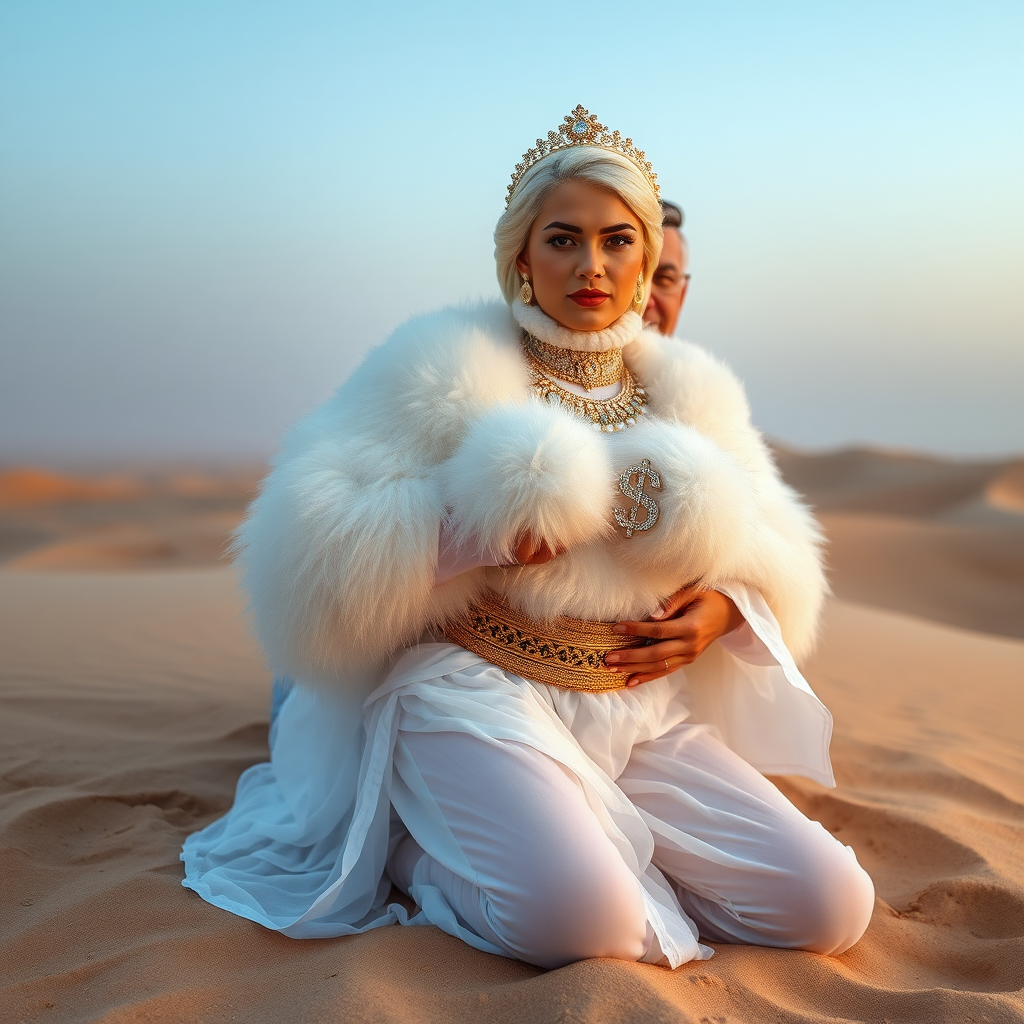 Kuwait desert dunes misty dawn: Melissa, European 17 years old very convincing femboy “trophy-bimbo,” tamed servile docile, very beautiful feminine flawless face, rather short boyish figure, platinum blond short tight curls, bold red lips, heavily made-up face, wearing Supertanya-style fluffy very fuzzy bright white angora turtleneck-poncho cropped ending under bust decorated with pearls and gemstones, striking oriental wide gold bridal protection belt, white fully transparent harem pants, full Oriental bridal jewelry with striking headpiece, full Oriental face-jewelry, striking diamond “$$$” letter brooch on left chest, pout frustrated, hands tied behind back, kneeling in sand, looking at camera. Focus on face and turtleneck-poncho. Sitting next embracing Melissa: older overweight mighty sheik laughing.