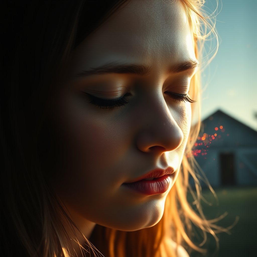 A close-up of a young woman with closed eyes, her face reflecting deep emotion, illuminated by a gentle, warm light. Behind her, swirling shadows and faint, ghostly silhouettes of figures representing memories from her childhood, merging with vibrant bursts of color that symbolize joy and sorrow. In the background, the faint outline of a barn is visible, partially obscured by ethereal light particles that dissolve into the atmosphere like dust. The overall atmosphere is intense yet tender, capturing a moment of cathartic release.