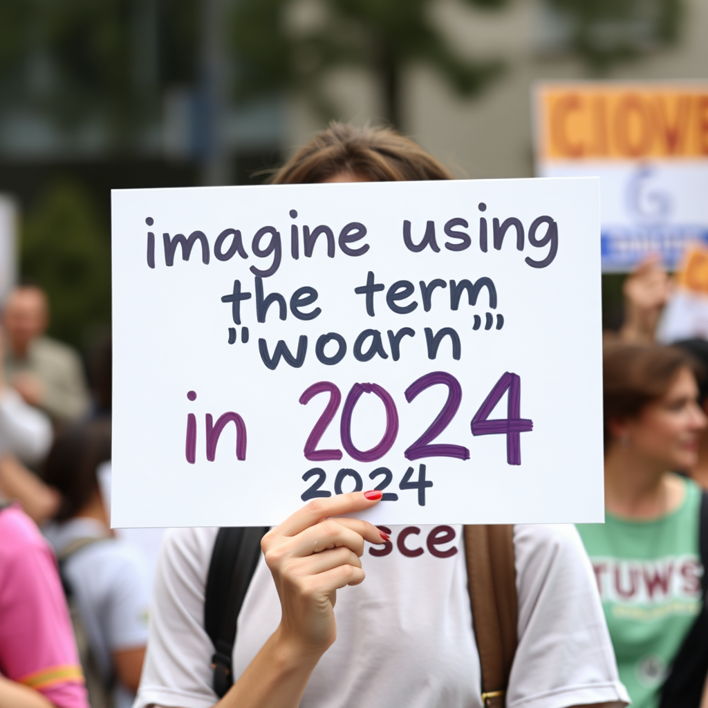 a woman holding a sign that says "imagine using the term 'woke' in 2024 - cringe"