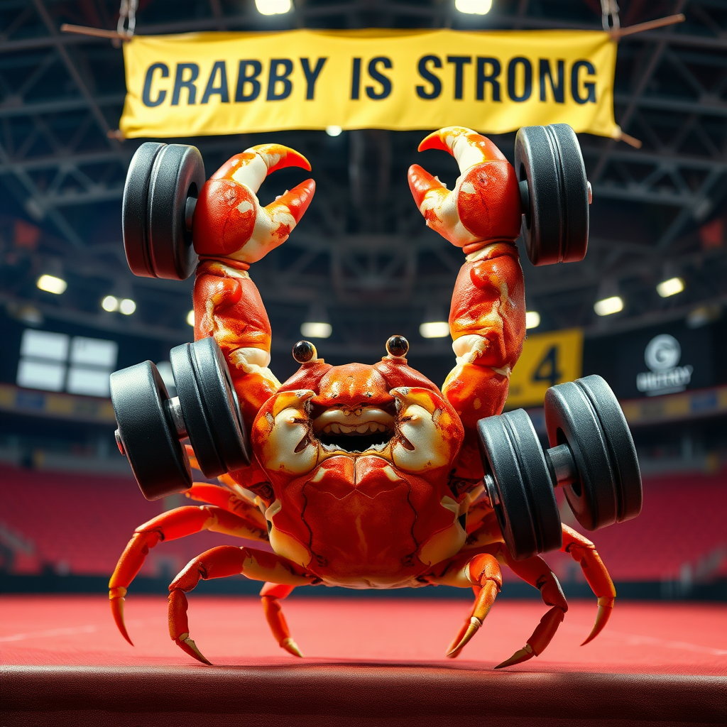 A photo realistic crab lifting weights over his head with his claws in a sport arena with a banner overhead that says "Crabby is Strong"