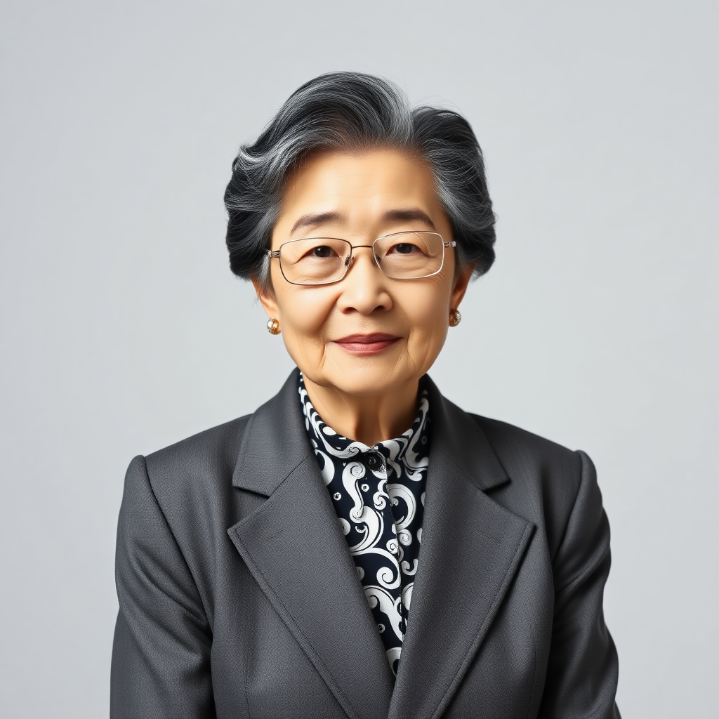 70 age old korean woman, front, woman suit, photo studio background, black and white hair, without glasses