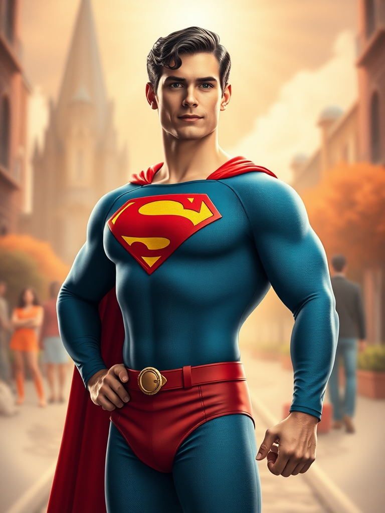 Create a full-length image of Superman using the body of Velma Dinkley: keep Superman's head, hairstyle, and facial features intact. Retain Superman's costume, incorporating embellishments from Velma's attire, and adjust the costume for the new proportions. Design the background by blending elements from both characters' worlds for a harmonious and creative backdrop.