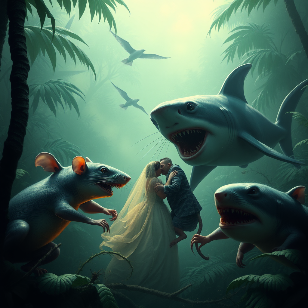 A rat wedding being attacked by hammerhead sharks, no text, Lovecraftian, sci-fi, in the jungle.