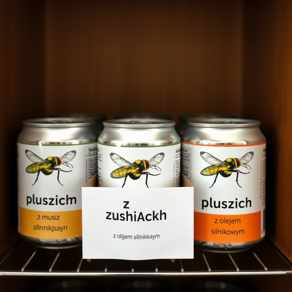 a small shelf with cans that have an image of a housefly on the label and text saying "musz w puszkach" and smaller text saying "z olejem silnikowym"