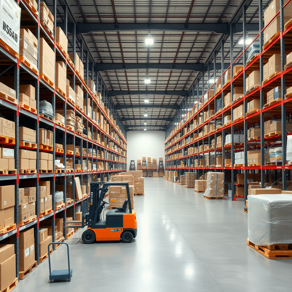 Create a high-resolution stock photo of a modern warehouse interior. The scene should include tall shelves filled with various boxes and products, a spacious layout with clear pathways, and bright overhead lighting. Include a forklift. The overall atmosphere should convey efficiency and organization, with a clean and professional look. NO text.