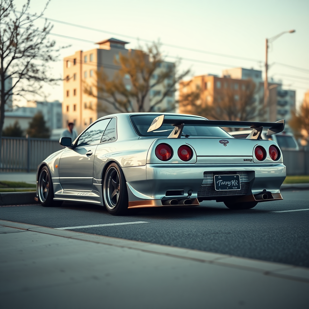 The car is parked on the side of the road, inspired by Taiyō Matsumoto, tumblr, restomod, nd4, c4 metallic shine nissan skyline r34 kalabalik tokyo gece arkaplan