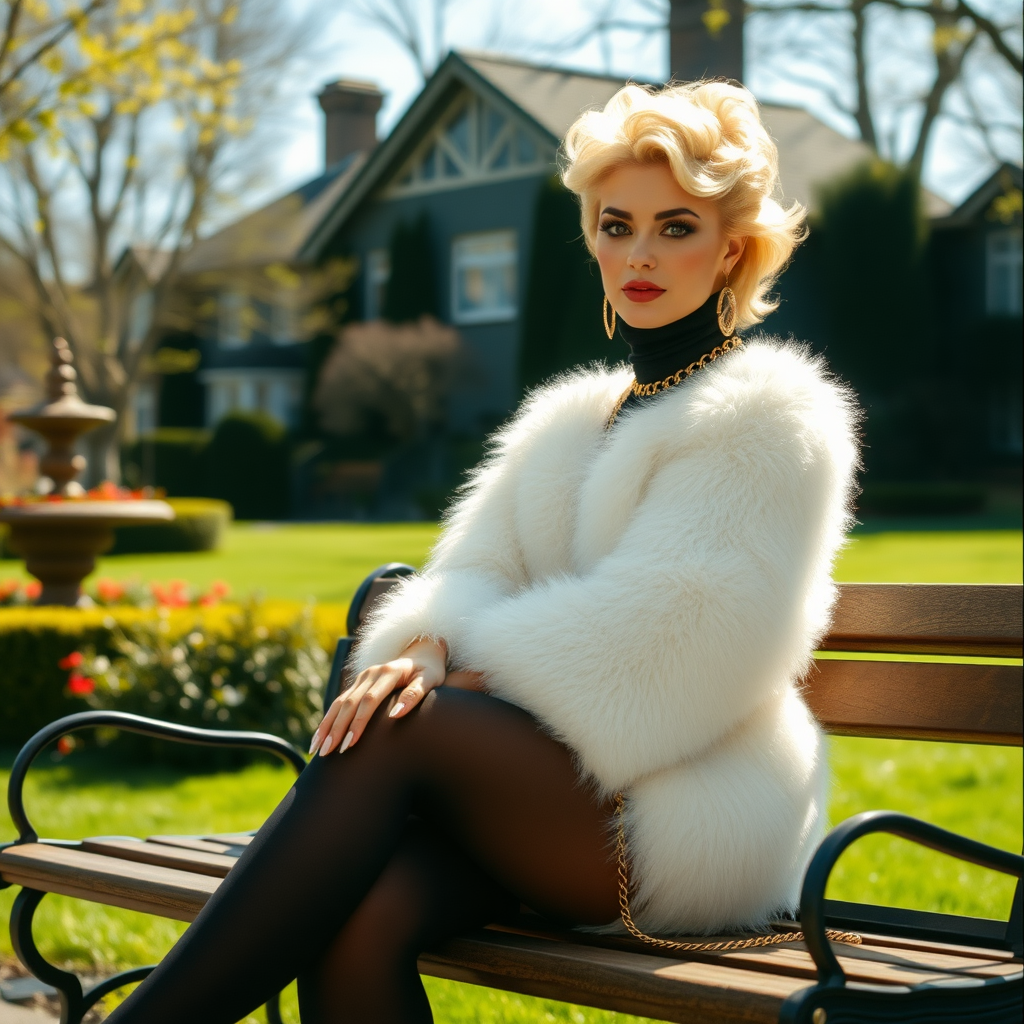 Vancouver1990s sunny spring noon, ritzy mansion garden, woman sitting on bench looking at camera. Sam, 19 years old beautiful curvy-model, rather short top-heavy well rounded booty figure, 80s pop-culture style glamorous blonde feathered teased curly hair, flawless heavily made-up face with sharp arched eyebrows, long French nails, wearing black high-necked long-sleeved long-legged full bodystockings, on top Supertanya-style fluffy very fuzzy bright white angora thigh-length turtleneck-poncho fully covering body and arms, black pumps gold heels, gold earrings, gold wristlets, gold anklets, thick tight plack leather gold studded choker collar with retainer-ring, leashed with long gold chain attached to retainer-ring on collar, both hands tied behind back, surprised saying “oooohhhh!”.