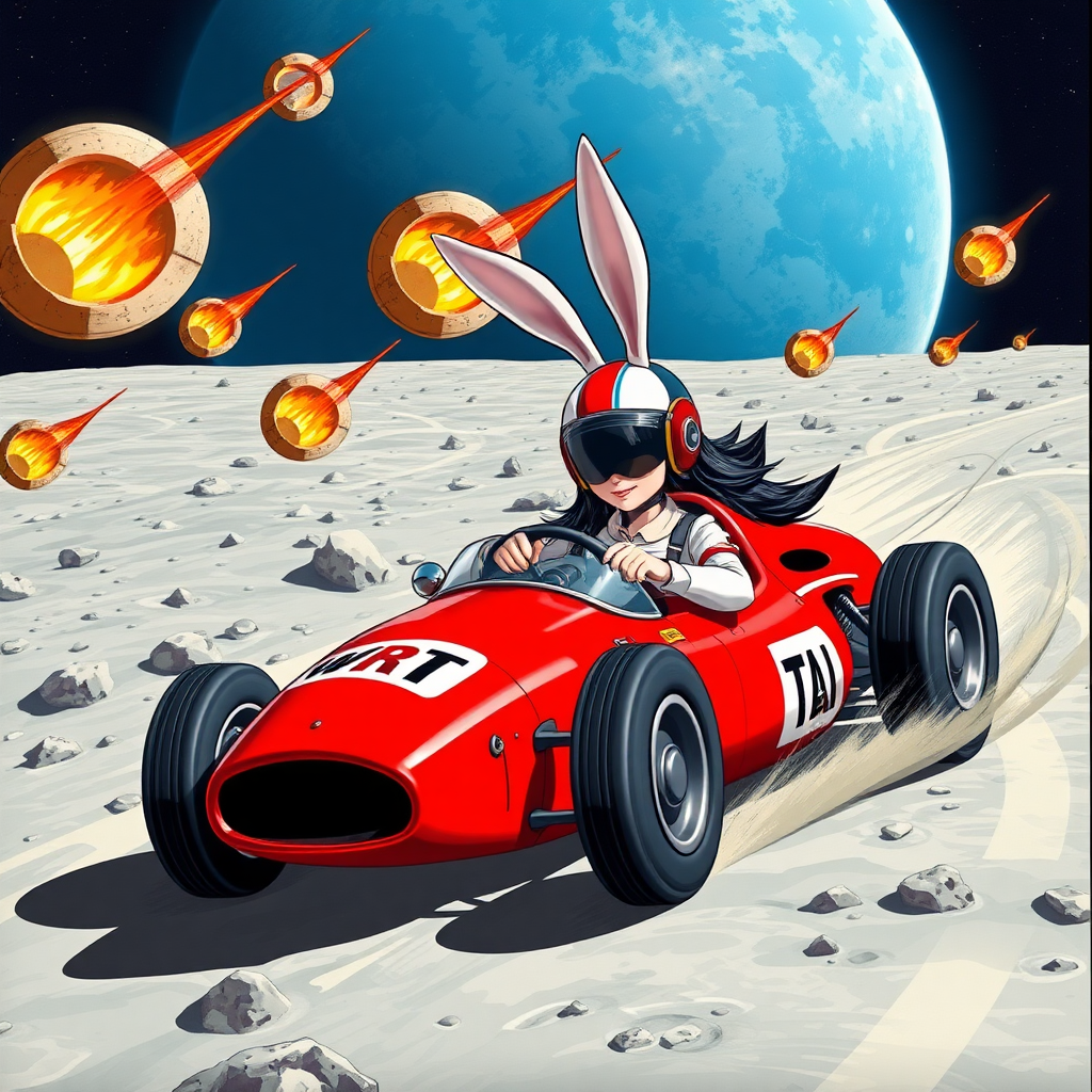 On the surface of the Moon, many meteor craters are racing past a red racing car, with "WRT" written on it. A black-haired beauty racer is holding the steering wheel tightly; she is wearing a helmet, with white rabbit ears standing up on it. The background features a huge round blue Earth.