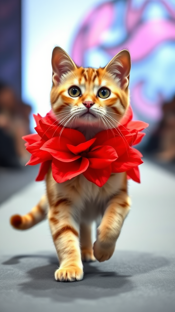 A little chubby big yes pink nose cat walking on two paws wearing a real red flower costume doing a ramp walk in a fashion show.