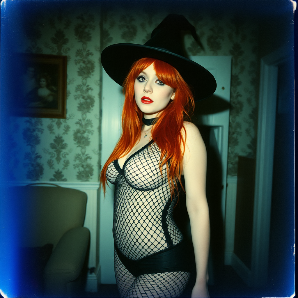 Scan of an old polaroid photo with heavy dark vignetting and a blue color tint to the photograph and visible light leaks. The photo depicts a sexy alt goth girl with pale skin and red hair. She has a plump booty. She has large breasts with ample cleavage and is wearing a black fishnet bodysuit. She is wearing a witch hat. The image looks hazy and grungy. She is in an old house with wallpaper on the walls. Dark lighting with camera flash used. Candid. Black gstring