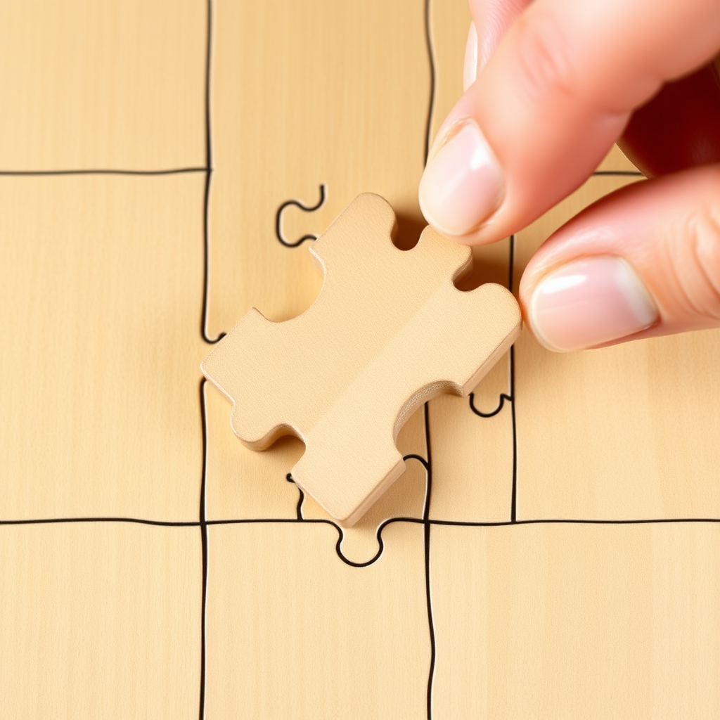 Create an image of an attempt to fit a missing wooden puzzle piece into a wooden puzzle where the position does not match the missing piece.