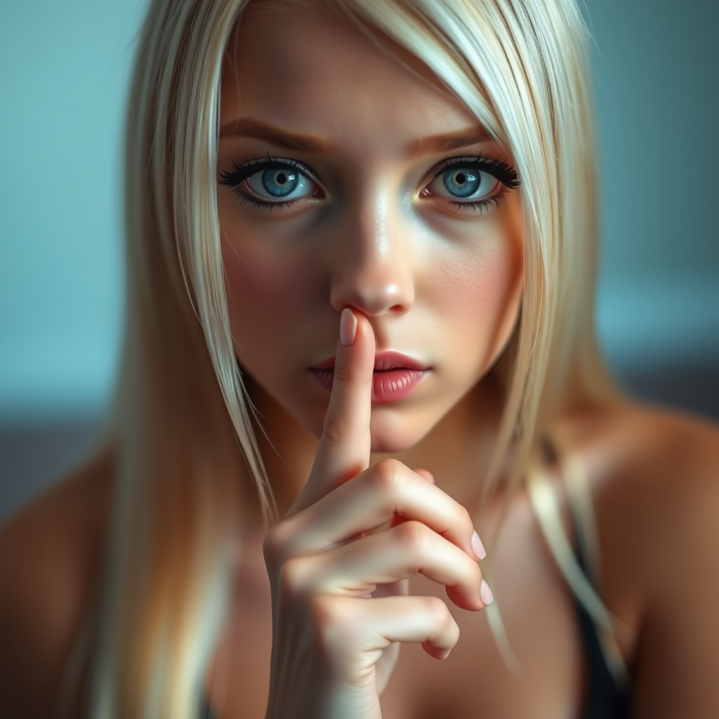 a young woman is holding her finger to her lips, looking at viewer, blue eyes, blonde hair, solo focus, blurry, lips, eyelashes, blurry background, close-up, realistic. bleached blonde, black eyeliner, very large eyes, tanned skin. Very long straight hair. cleavage. quiet sign with her finger over her mouth.