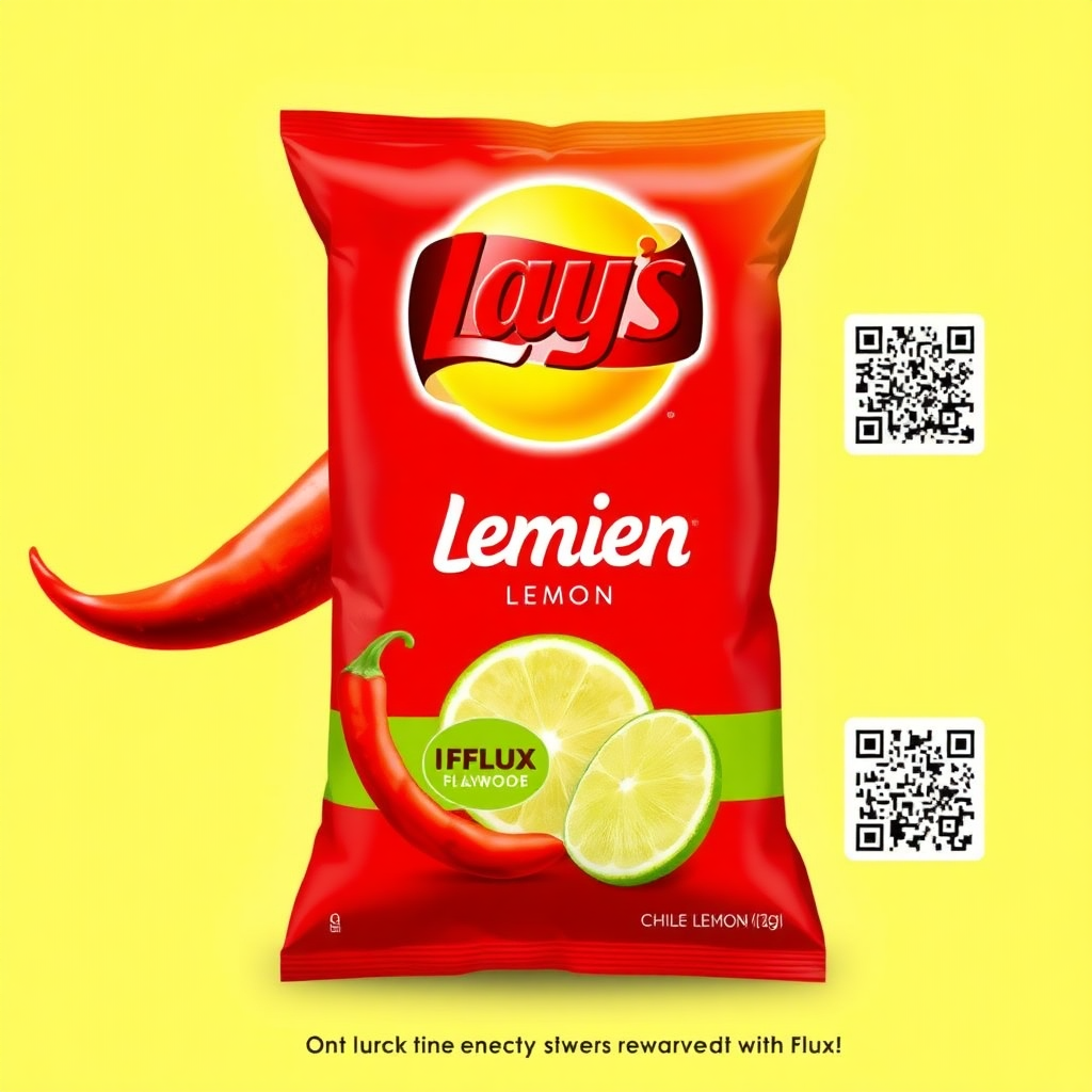 **Packaging Concept:**

A vibrant lime and chili-red color scheme dominates the packaging. The "Lay's" logo is prominently displayed, and the "Chile Limon" flavor is highlighted in bold lettering. A background image of a sizzling chili pepper and a refreshing lime slice adds visual interest. The packaging includes a QR code linking to a Flux promotion, with a tagline like: "Experience the fiery heat of chili and the tangy zest of lime. Unlock exclusive rewards with Flux!"