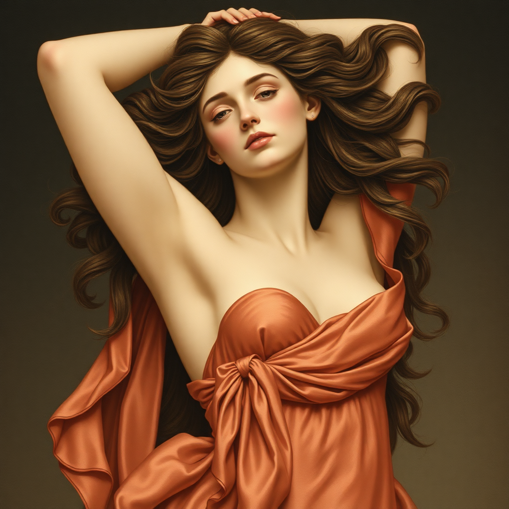 The Goddess Venus with her arms up and her hands plunging into her thick hair. She wears a tiny strapless silken scarf as a dress.