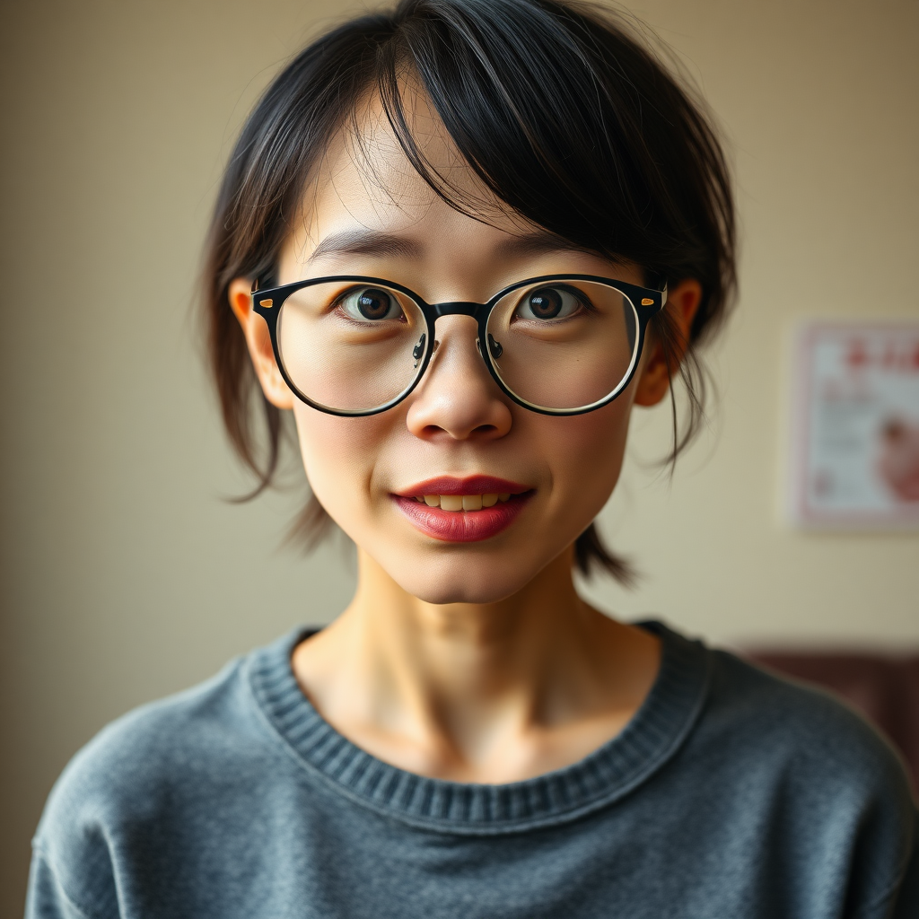 real casual photo, japanese nerdy skinny adult woman with big nose, big mouth, big yellowish teeth, moles, big eyeglasses and medium hair, serious expression