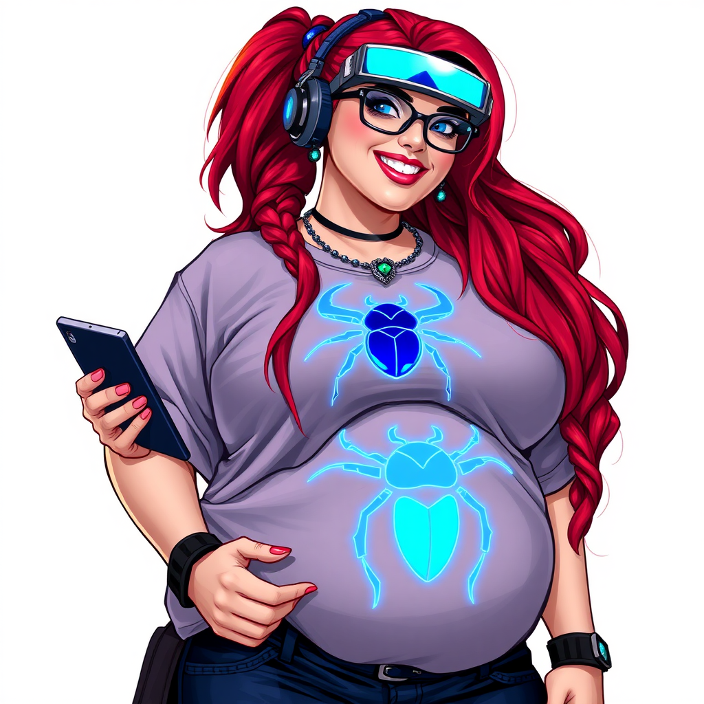 A cyberpunk vigilante’s full-figured intelligent and tech-savvy 29-year-old girlfriend, who is a computer hacker and tech genius. She has a long ruby red ponytail and bright blue eyes. She wears a sapphire beetle gemstone necklace, and an oversized Maximum Blue (RGB 71, 171, 204) t-shirt featuring a giant neon blue glowing icon of a beetle on its chest. She has a full-figured physique with a prominent, gargantuan, round midsection, reflecting her well-cared-for lifestyle. The midsection is heavily emphasized. She sports a sapphire headset with hi-tech Maximum Blue (RGB 71, 171, 204) lensed HUD visor, Maximum Blue (RGB 71, 171, 204) lipstick, black eyeglasses, and a beaming smile with a passionate bright red blush. Despite her figure and a lack of self-esteem, she radiates an air of beauty. She has an angular face which contributes to her radiant beauty. She serves as his tech expert from his hideout, holding a holographic tablet and a hi-tech tool wrench. The background is solid white. She is drawn as if she was in a retro 2D cyberpunk fighting game. Make sure her shirt covers her round midsection.