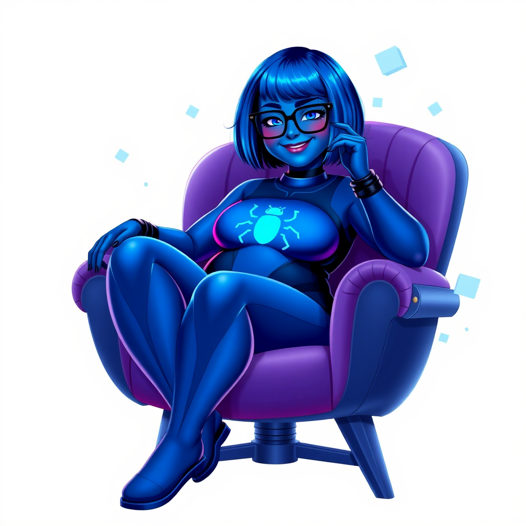 A heavily, extremely, and intensely pampered nerdy full-figured maximum blue-skinned digital sidekick, a 28-year-old computer major, has been transformed by her doting vigilante boyfriend. Her striking blue skin and bob cut seamlessly integrate with her data, and her neon blue eyes glow with intelligence. Her physique, now showcasing a gargantuan round midsection, massive limbs, and broad shoulders, contrasted by a slim face, clearly reflects her indulgence and pampering. Her full figure is prominently highlighted, with her gargantuan, rounded midsection and massive limbs emphasizing her pampered status. As the loyal and supportive sidekick, she plays a crucial role in their missions, using her digital prowess to assist and protect.

She wears a digital, computerized maximum blue bodysuit blending with her hair and skin, featuring a glowing neon blue beetle chest icon and matching high-tech gloves. She bashfully giggles with a neon red blush, emitting neon blue data cubes from her body. Her full figure, now even more plump and heavily emphasized by her nerdy appearance, clearly shows how pampered she is. Her nerdiness is accentuated by her black oversized eyeglasses.

Her outfit, influenced by DC’s Jennifer Knight Phantom Lady, remains distinct. Adding to her pampering, she serves as his minicomputer, traveling in his high-tech wristwatch and supercar’s computer system. Using her ability to hack into computers and machines, she relays crucial knowledge relating to his missions.

In her new pose, she sits comfortably on a plush, high-tech chair with one leg crossed over the other, her oversized glasses slightly askew as she adjusts them with a bashful smile. Her relaxed posture and content expression, combined with the glowing data cubes around her, clearly reflect her status as a heavily pampered, nerdy digital sidekick. Her gargantuan, rounded midsection and massive limbs are prominently displayed, emphasizing her indulgence and pampering while maintaining her nerdy physique. She is on a solid white background. She is drawn as if she was in a retro 2D cyberpunk fighting game. Ensure her skin tone is distinct from Inside Out's Sadness and any other character.