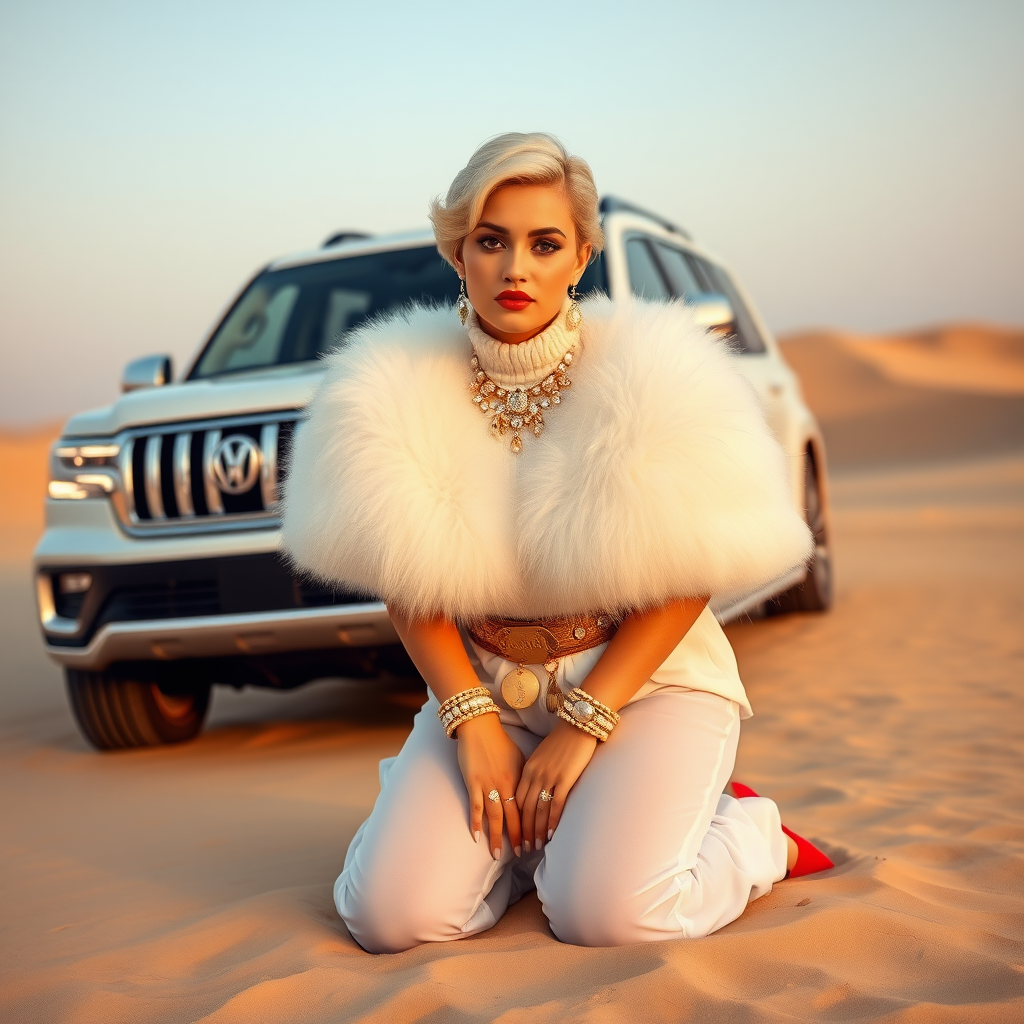 Kuwait desert dunes misty dawn, full size luxury SUV: Melissa, European 17 years old very convincing femboy “trophy-bimbo”, tamed servile docile, very beautiful feminine flawless face, rather short, by hormones very curvaceous womanly figured, platinum blond short tight curls, bold red lips, long white French nails, heavily made-up face, wearing Supertanya-style fluffy very fuzzy bright white angora turtleneck-poncho cropped ending under bust decorated with pearls and glass stones, striking oriental wide gold bridal protection belt, white fully transparent harem pants, bright red pumps with golden very high heels, full Oriental bridal jewelry including headpiece, nose-ring, coin wristlets, coin anklets, striking diamond “Bimbo” letter brooch on left chest, thick heavy pearl wristlets, pearl anklets, pout frustrated, kneeling in sand in front of SUV, looking at camera. Focus on face and turtleneck-poncho.