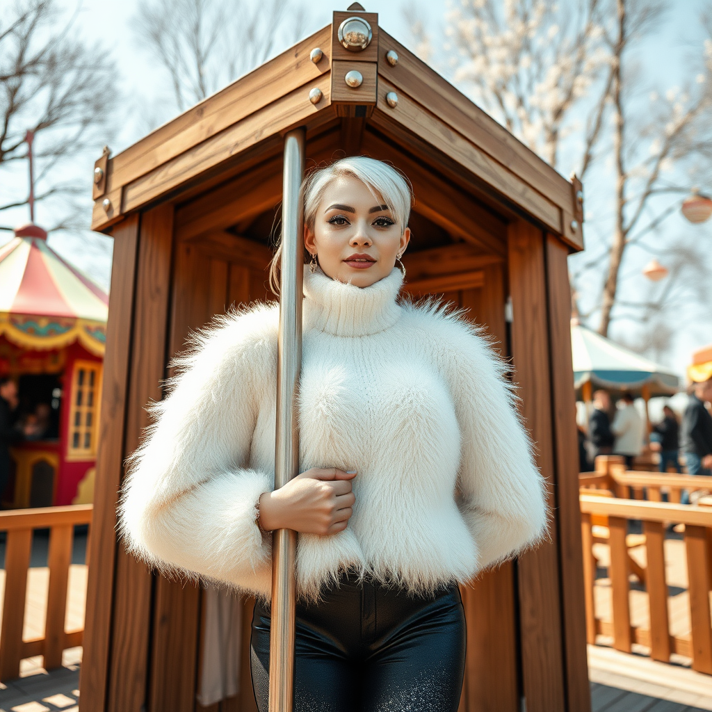 Amusement park wooden “kissing booth”, sunny spring Sunday morning. Sam, 19 years old beautiful involuntary femboy, rebellious intractable character, petite boyish figure, platinum blond boyish rebel punk hairstyle, flawless heavily made-up face with sharp arched tattooed eyebrows, wearing Supertanya-style fluffy very fuzzy bright white angora thigh-length turtleneck-poncho fully covering body and arms, silver-glitter leggings, black leather high-heeled pumps, silver earrings, both hands tied to pole behind back, standing inside kissing booth, waiting for next customer to kiss. Focus on Sam’s face and turtleneck-poncho.